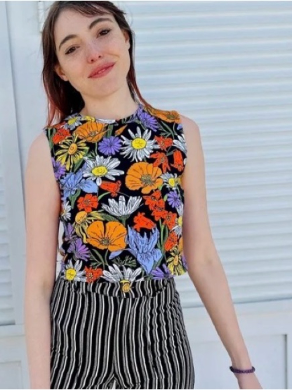Nooworks Black Floral Sleeveless Crop Tank with Orange and Purple Blooms